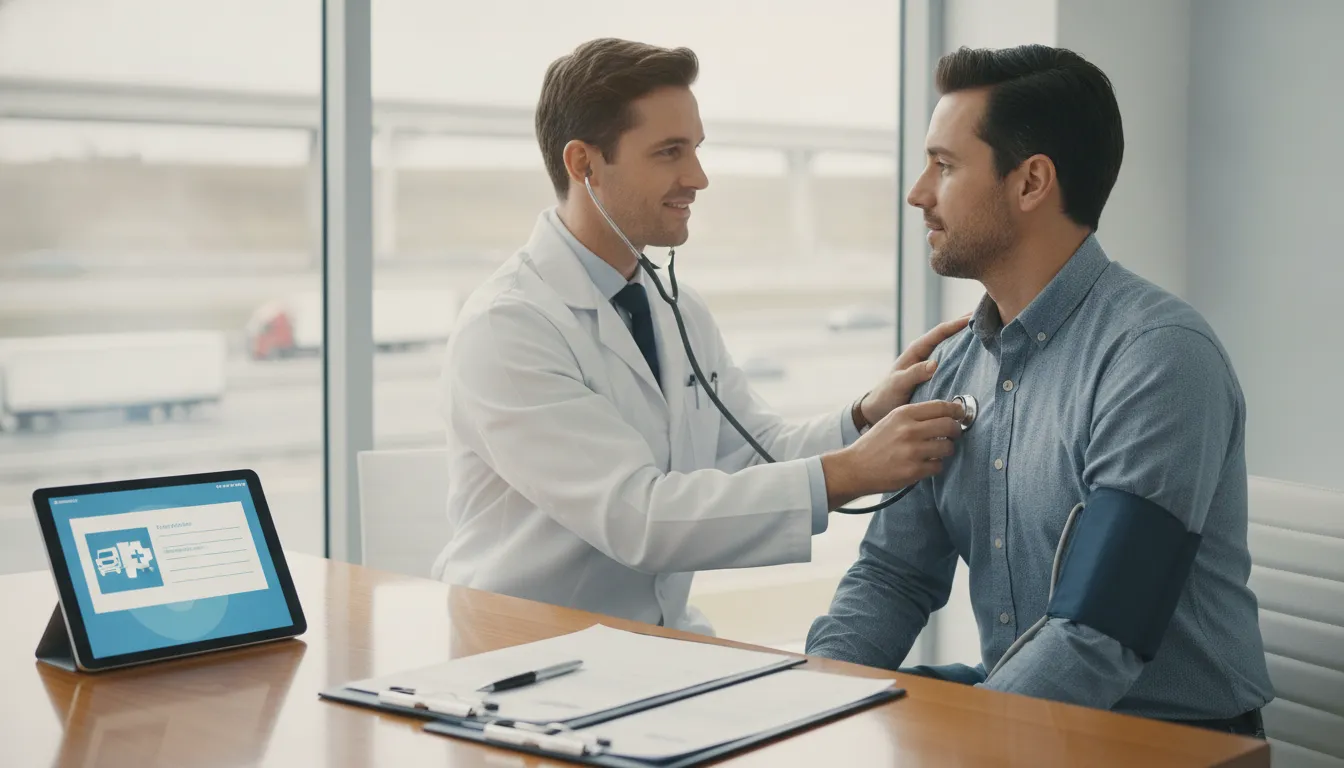 Doctor checks a patient's blood pressure during a DOT physical exam.