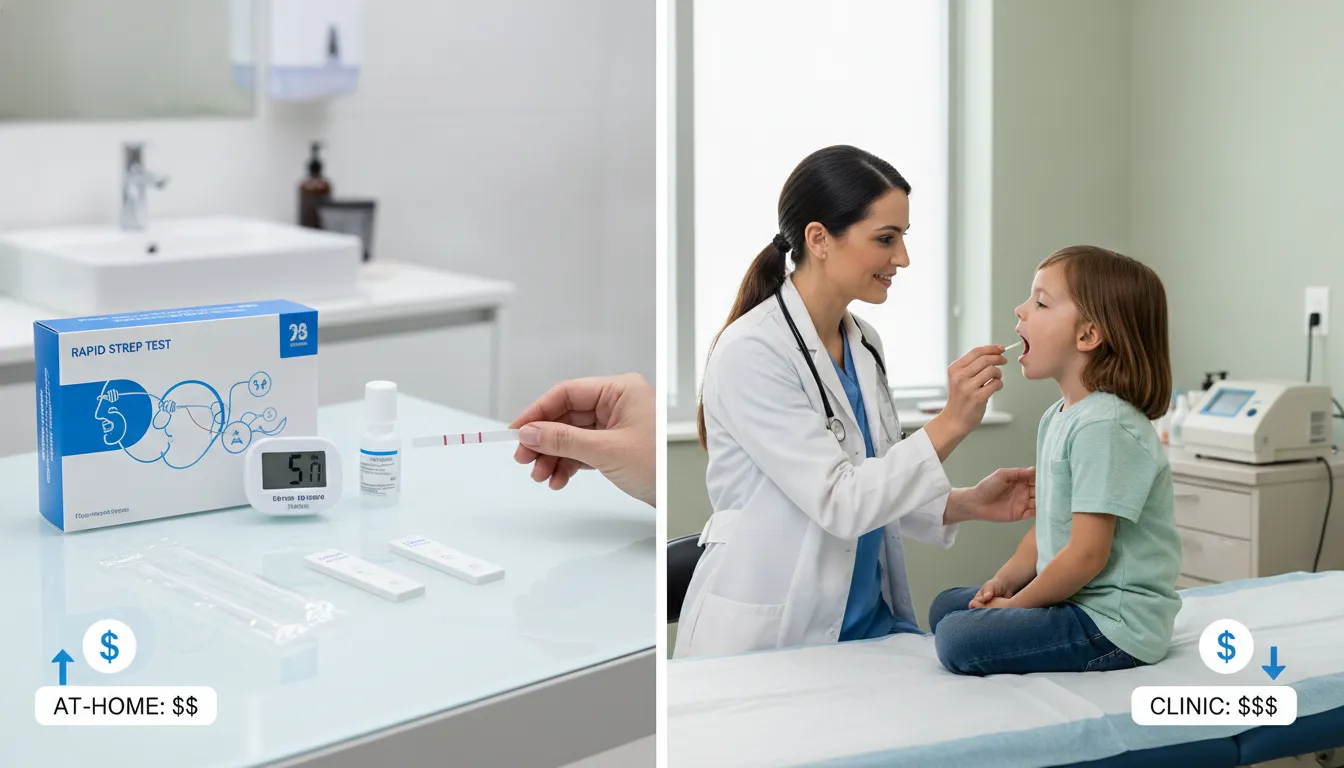 At-home rapid strep test kit beside a clinic test, comparing rapid strep test costs.