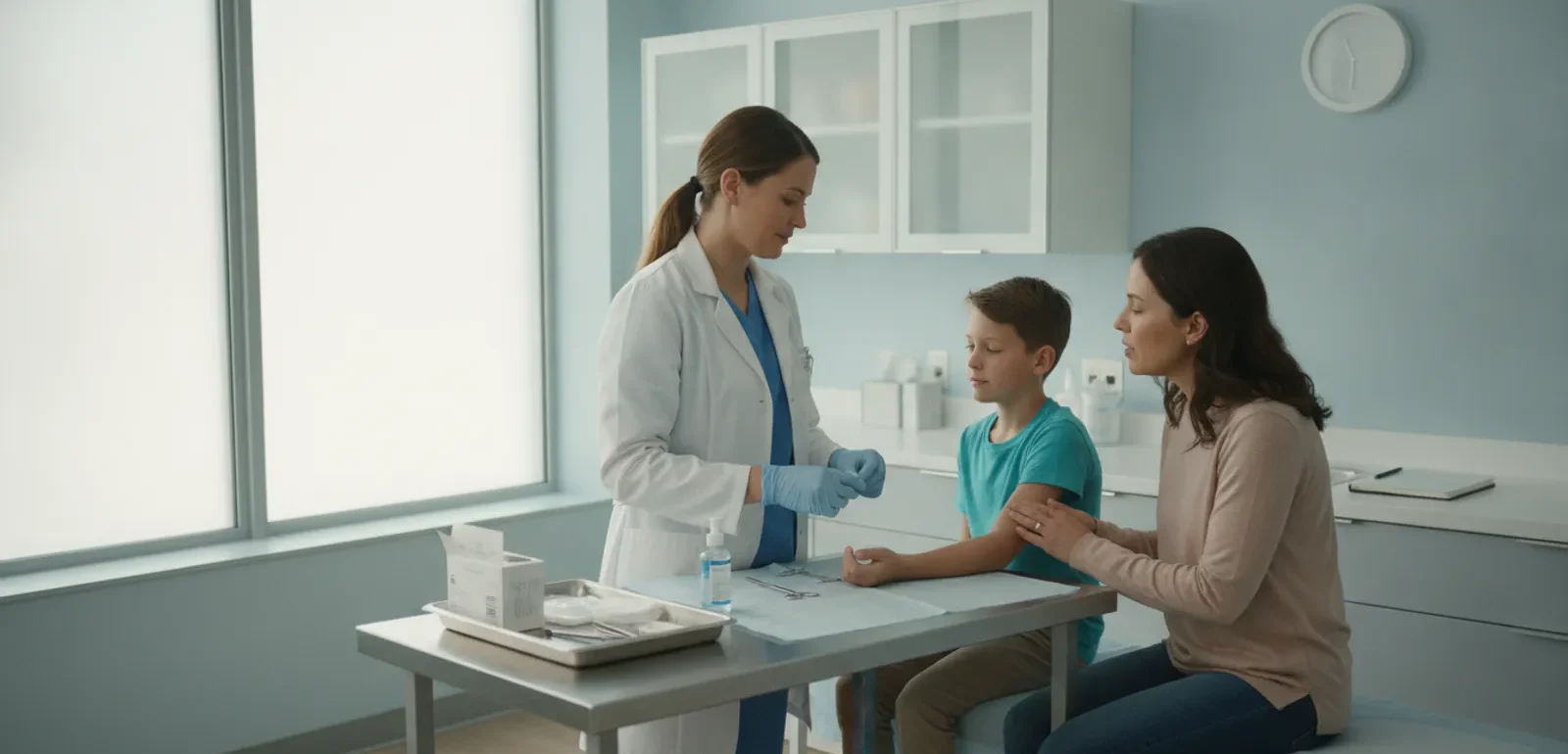 Clinician preparing to evaluate a minor foreign body injury in an urgent care setting