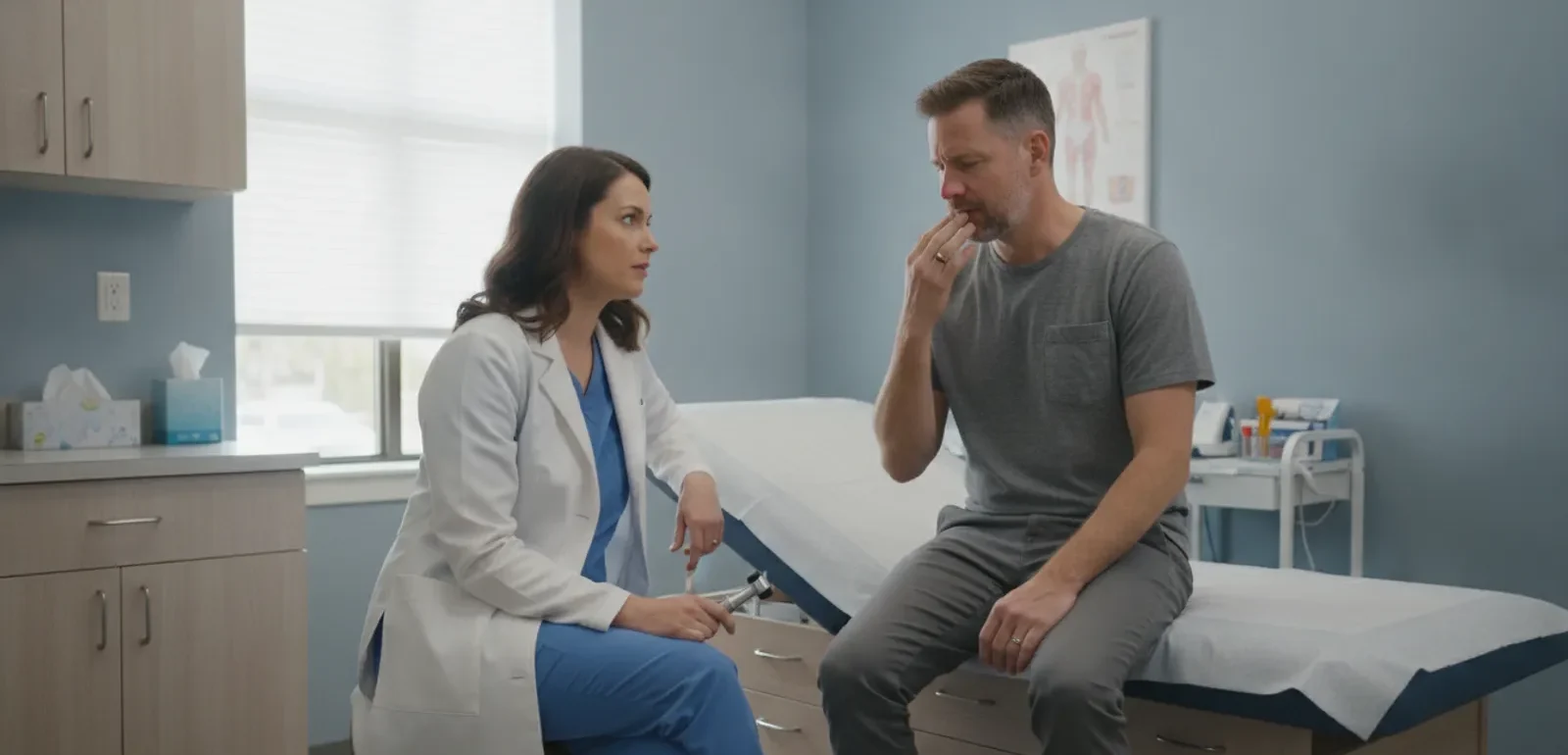 Clinician discussing sinus symptoms and billing questions with an adult patient in an urgent care exam room